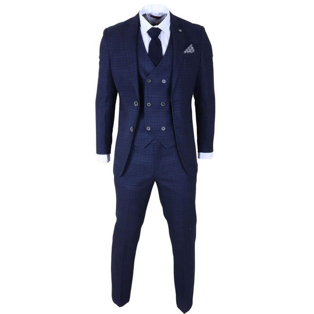Men's Blue Plain Check 3 Piece Slim Fit Formal Wedding Suit