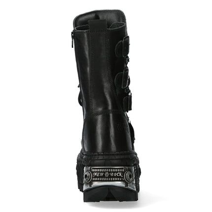 New Rock Black Mid Calf Leather Goth Boots-WALL1473-S11
