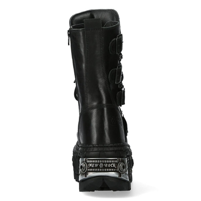 New Rock Black Mid Calf Leather Goth Boots-WALL1473-S11