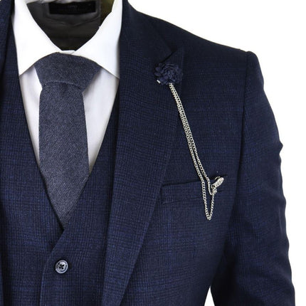 Mens 3 Piece Navy Blue Check Tweed Retro Classic Suit