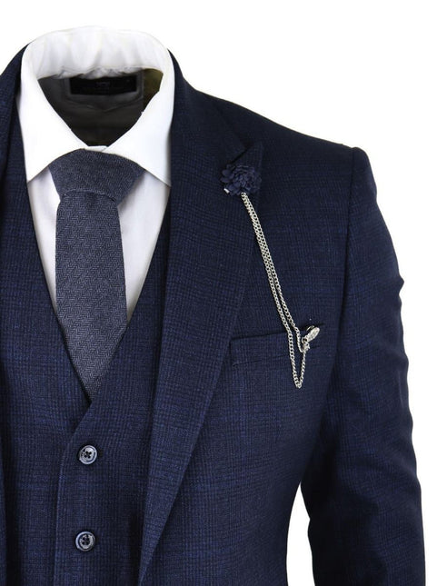 Mens 3 Piece Navy Blue Check Tweed Retro Classic Suit