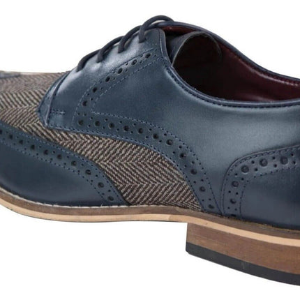 Mens Classic Oxford Navy Brogue Derby Shoes In Tan Leather