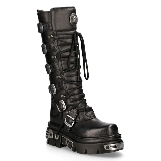 New Rock Knee High Black Leather Gothic Boots - 272-S1