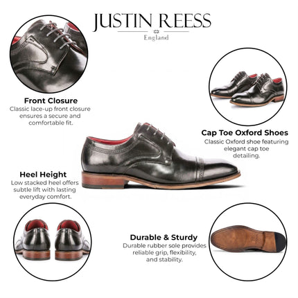 Justin Reess Men's Polished Black Leather Cap Toe Derby Shoes - Everett