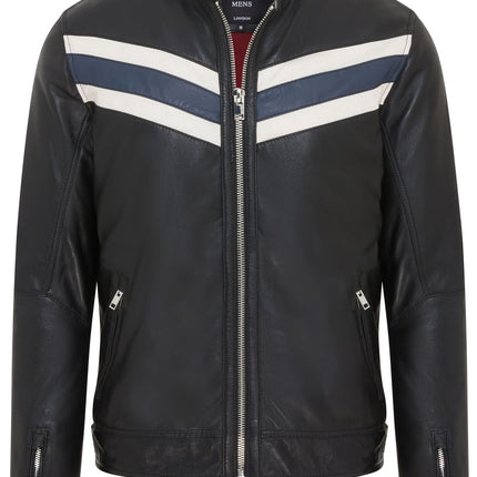Men's Black Striped Café Racer Biker Leather Motorcycle Jacket