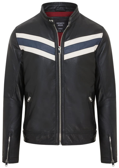 Men's Black Striped Café Racer Biker Leather Motorcycle Jacket