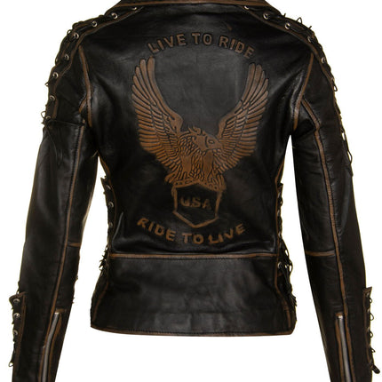 Womens Brando Black Leather Biker Jacket-Bari