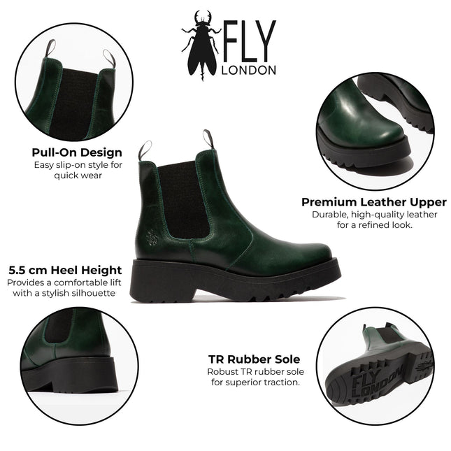 Fly London Womens Petrol Green Medi789 Wedged Chelsea Ankle Leather Platform Boots