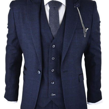 Mens 3 Piece Navy Blue Check Tweed Retro Classic Suit