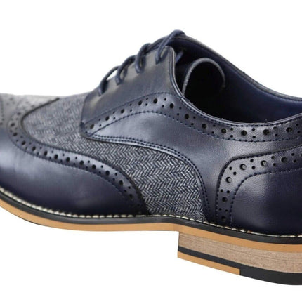 Mens Classic Oxford Tweed Brogue Shoes In Navy Leather