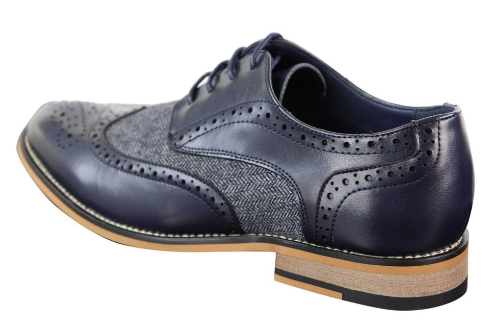 Mens Classic Oxford Tweed Brogue Shoes In Navy Leather