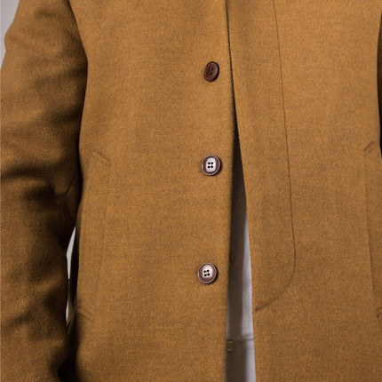 Men's Tan Stand Collar Wool Blend Overcoat