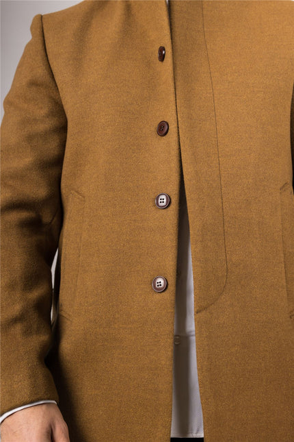 Men's Tan Stand Collar Wool Blend Overcoat