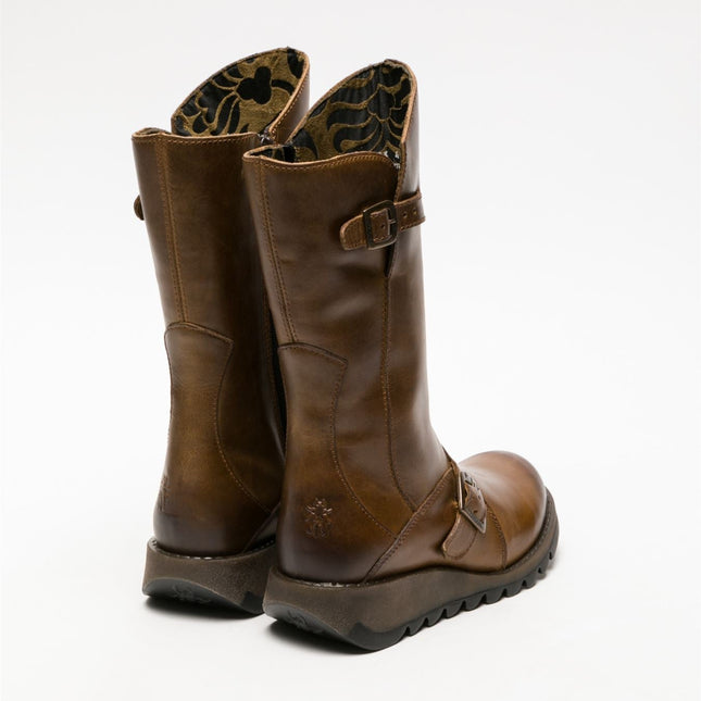 Fly London Womens Camel Mes 2 Wedge Heel Buckle Mid-Calf Leather Zip Platform Boots