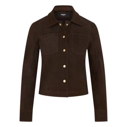 Womens Brown Leather Shacket Collar Jacket - Lofar