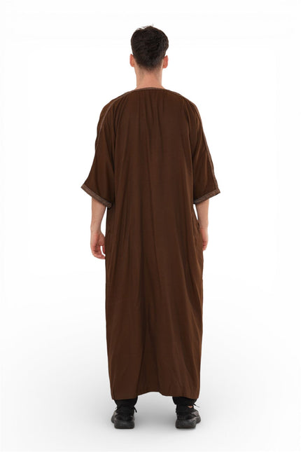 Men's Ramadan Dark Brown Moroccan Thobe Robe Djellaba Gandoura Eid Jubba- HM67