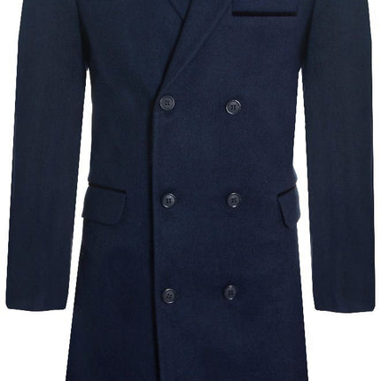 Mens 3/4 Long Double Breasted Navy Crombie Overcoat Wool Coat Peaky Blinders