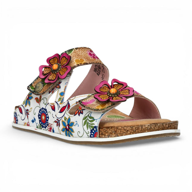 Laura Vita Women's Brcyano 32 White Floral Leather Strappy Slipper Sandals