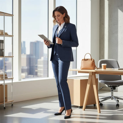 Women's Navy Three Piece Check Tailored Suit - TPW-52