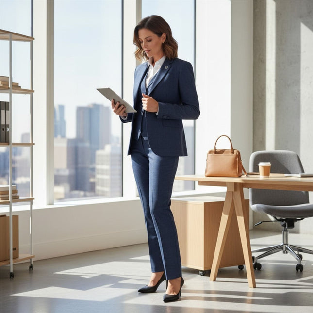 Women's Navy Three Piece Check Tailored Suit - TPW-52