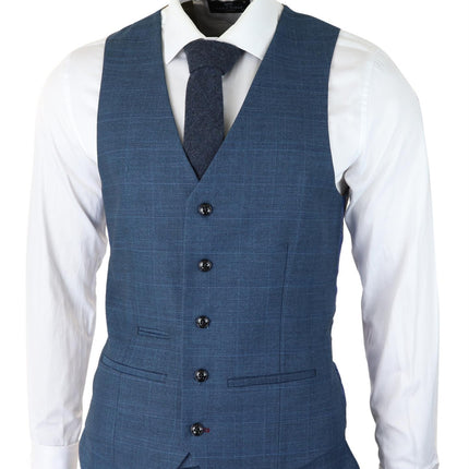 Mens 3 Piece Blue Suit Prince Of Wales Check Classic Light Tailored Fit Modern