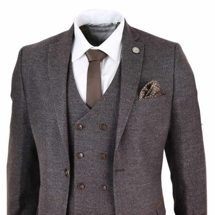 Mens Brown Wool 3 Piece Suit Double Breasted Tweed Peaky Blinders 1920