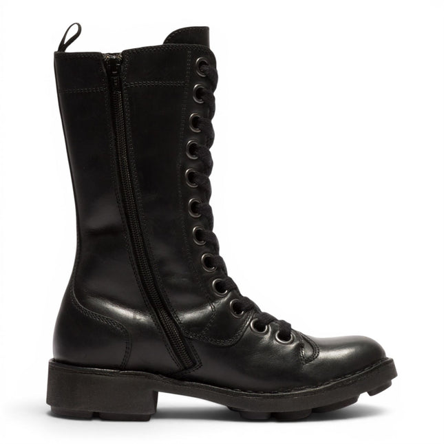 Fly London Women’s Black Leather Lace-Up Combat Ankle Boots- NOLE176