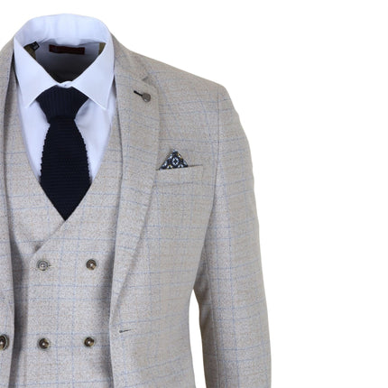 Men's Cream Plain Check 3 Piece Slim Fit Formal Wedding Suit