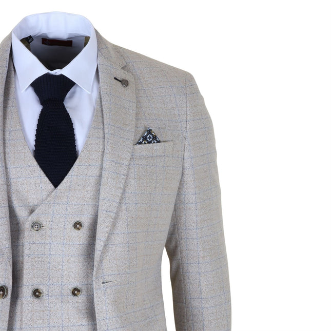 Men's Cream Plain Check 3 Piece Slim Fit Formal Wedding Suit