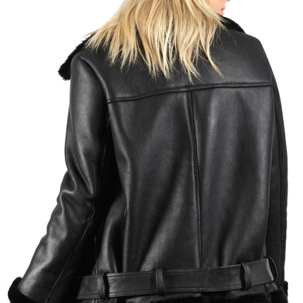Womens Black Sheepskin Aviator Biker Jacket-Merida