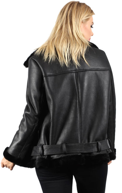 Womens Black Sheepskin Aviator Biker Jacket-Merida