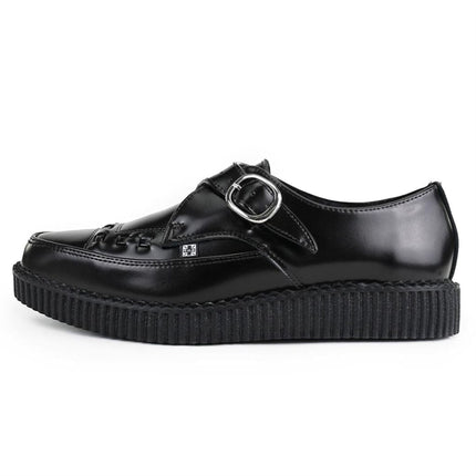 TUK Pointed Creeper Black Leather Monk Buckle Platform Shoes - A8520