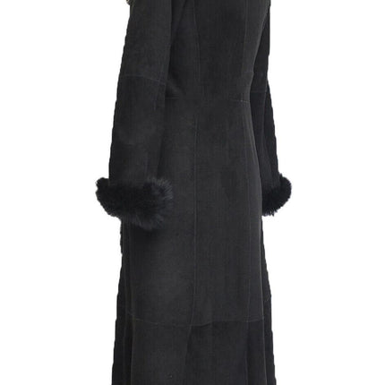 Womens Black Suede Toscana Sheepskin Hooded Trench Coat-Rushden