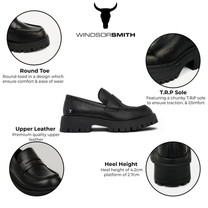 Windsorsmith Womens Black Leather Platform Chunky Loafers Shoes - True