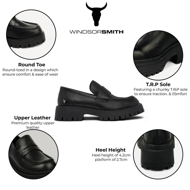 Windsorsmith Womens Black Leather Platform Chunky Loafers Shoes - True