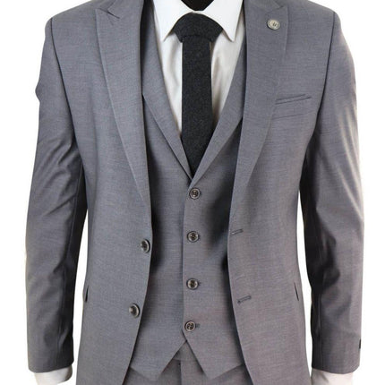 New Mens 3 Piece Suit Plain Grey Classic Tailored Fit Smart Casual 1920s Formal