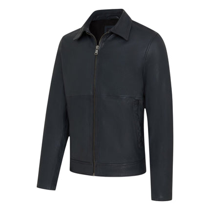 Mens Leather Blue Harrington Collar Biker Jacket - Alpha