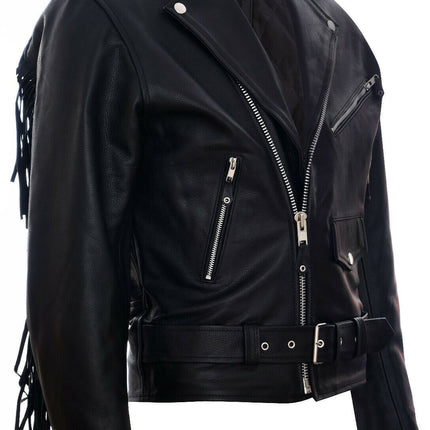 Mens Fringe Hide Leather Biker Jacket- Tokyo