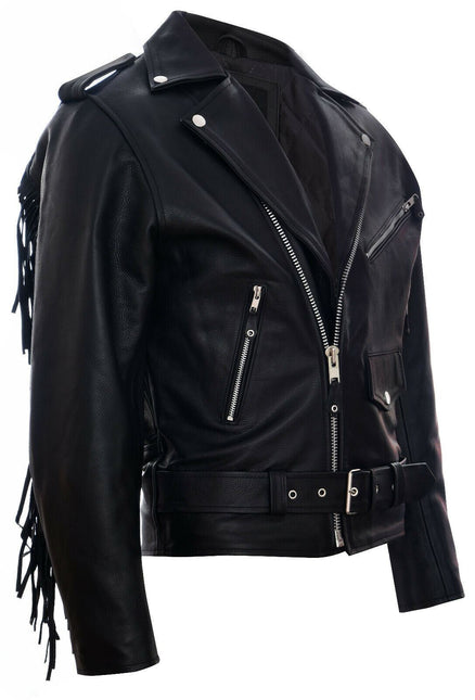 Mens Fringe Hide Leather Biker Jacket- Tokyo