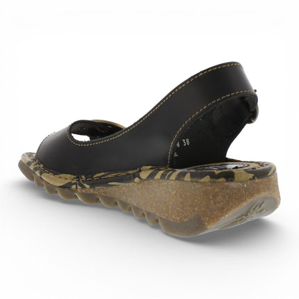 Fly London Women's TRAM723FLY Black Leather Wedge Sandals