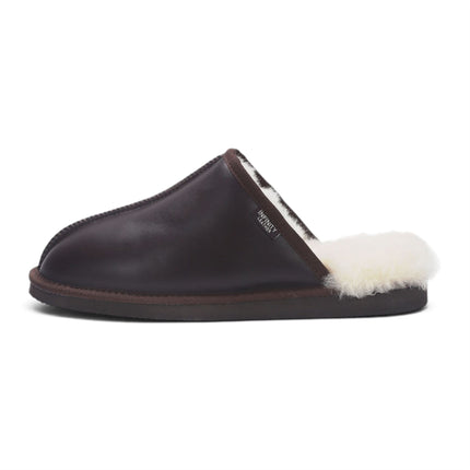 Men's Brown Genuine Lamb Leather Slippers Real Fur Mule Winter Slippers - Highland