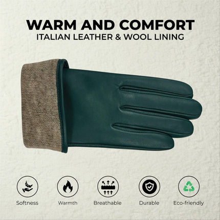 Womens Teal Green Italian Leather Winter Button Design Soft Wool Lining Gloves - L-GLV-501