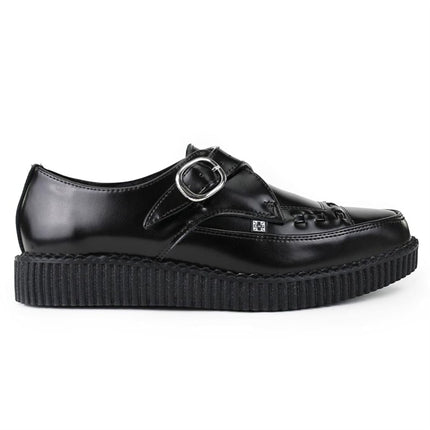 TUK Pointed Creeper Black Leather Monk Buckle Platform Shoes - A8520