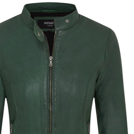 Womens Green Leather Stand Collar Racer Biker Jacket - 181