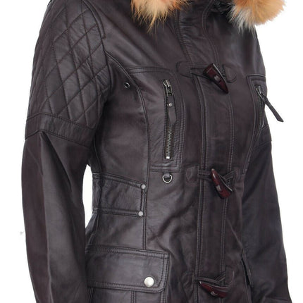 Womens Quilted Leather Parka Jacket-Brussels