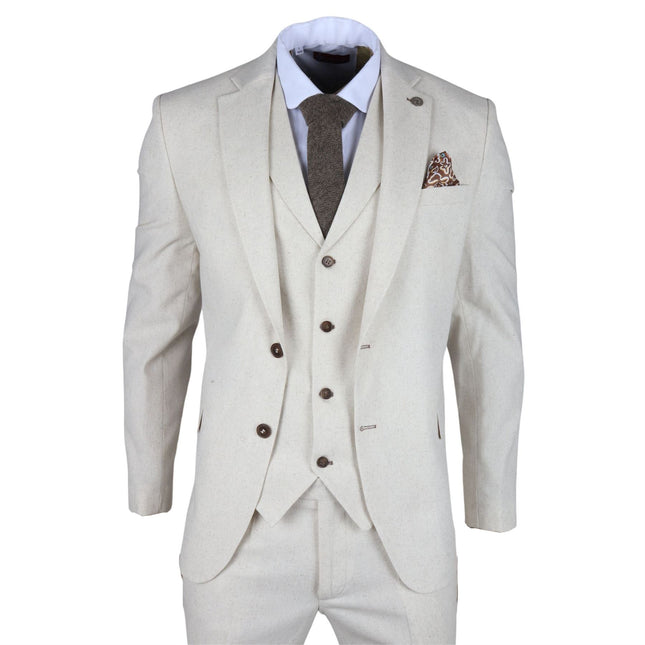 Men's Beige 3 Piece Linen Formal Summer Wedding Suit