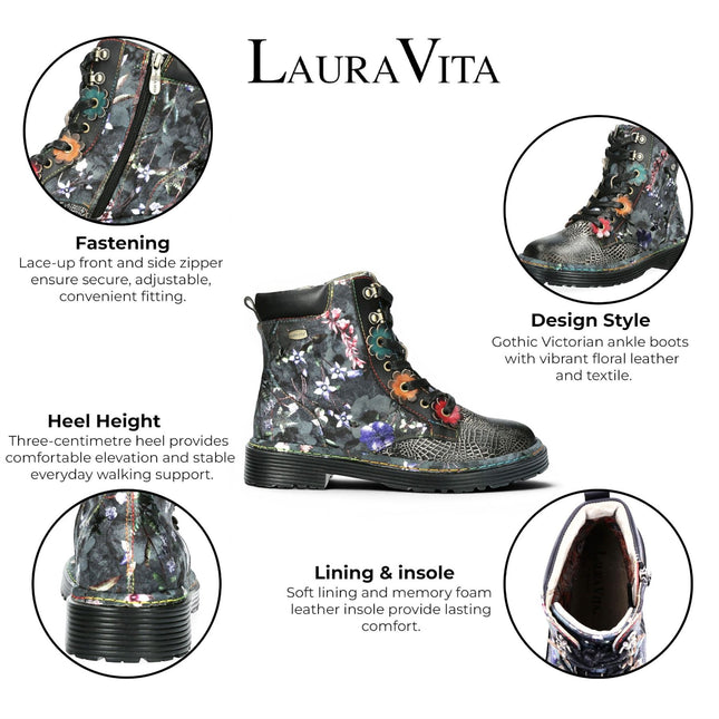 Laura Vita Women's Gothic Victorian Floral Black Leather Lace-Up Boots - Incaso-39