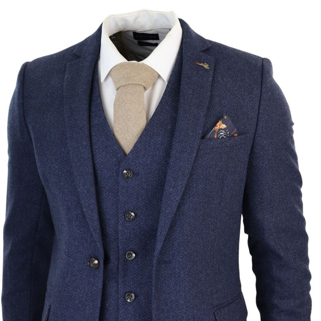 Men's Navy Blue Tweed 3 Piece Wool Suit