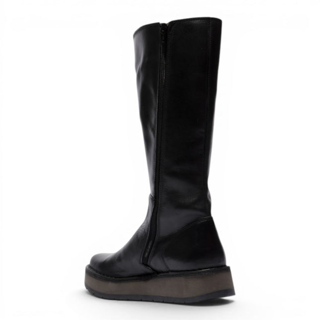 Fly London Womens Black Leather High Pull On Long Boots - RHEA042