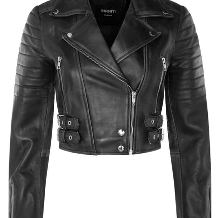 Womens Cropped Brando Leather Biker Jacket-Damascus